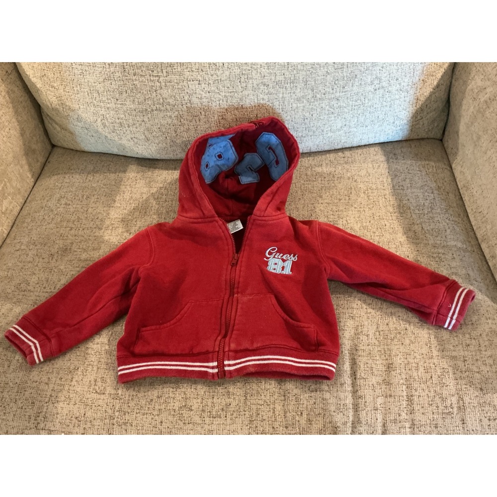 Guess Baby‎ Boys Red Zip Up Hoodie Sweatshirt 24M Varsity Logo KW11960